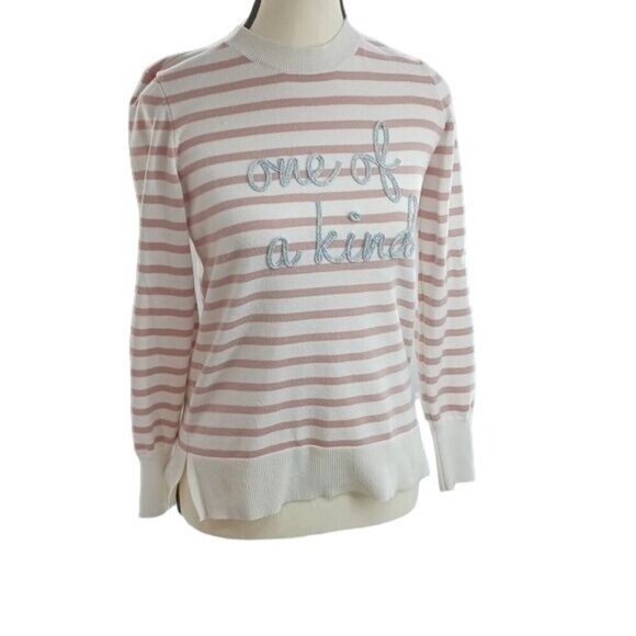 Marled Womens Size XS Sweater Pink White Stripe One of a Kind Graphic Pullover - Picture 1 of 8